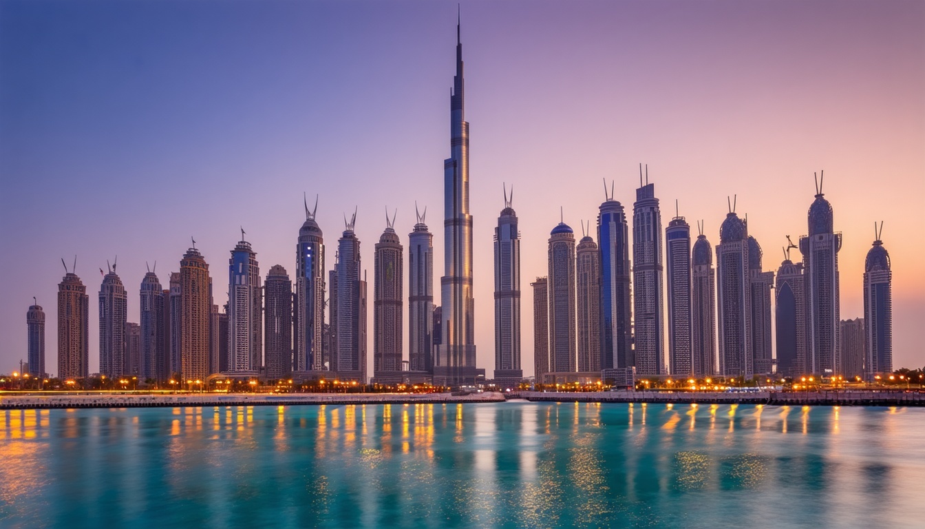 Dubai skyline with Burj Khalifa at sunset