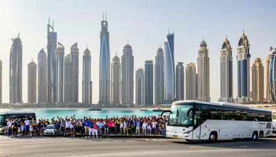 Dubai skyline with travel vehicles and excited tourists